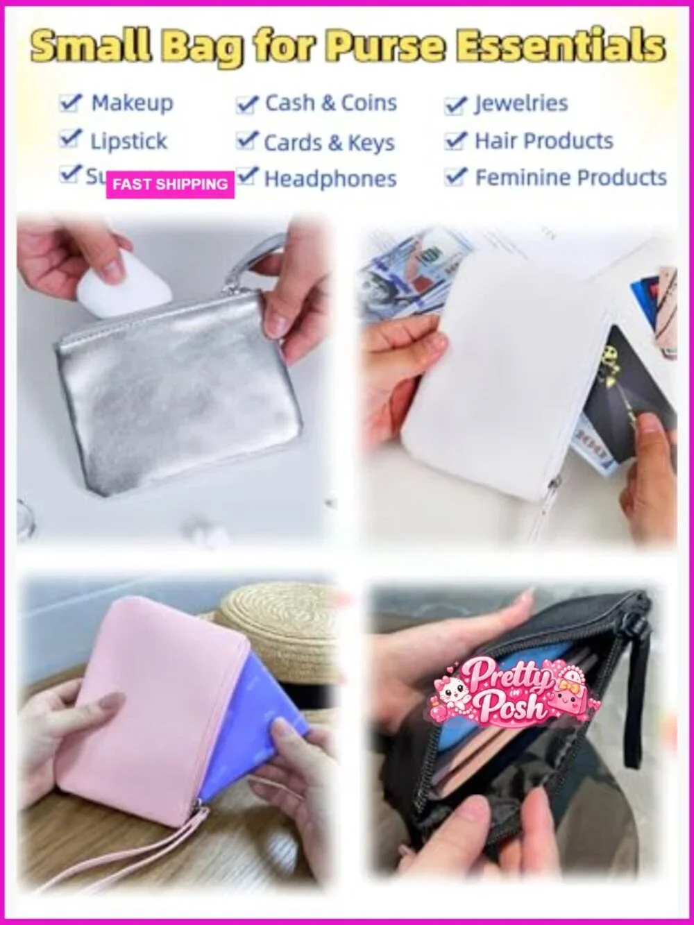 Nylon Mini Makeup Bag 2 Pack Wristlet Clutch Stadium Approved